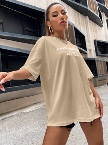 SHEIN Unity Drop Shoulder Letter Embroidery Top - Apricot - View 4