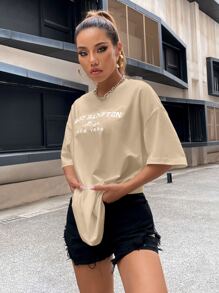 SHEIN Unity Drop Shoulder Letter Embroidery Top - Apricot - View 5
