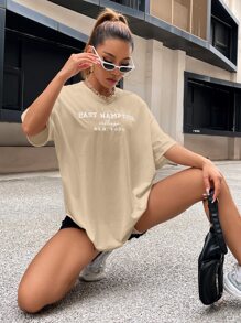 SHEIN Unity Drop Shoulder Letter Embroidery Top - Apricot - View 6