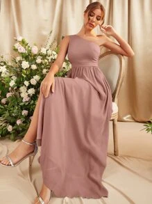 SHEIN Belle Vestido de dama de honor de un hombro de muslo con abertura - Rosa vieja - Ver 4