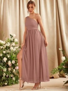 SHEIN Belle Vestido de dama de honor de un hombro de muslo con abertura - Rosa vieja - Ver 6