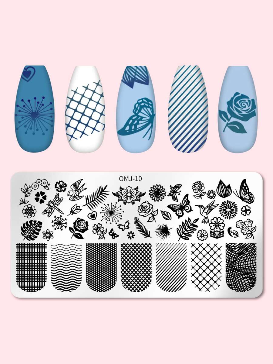 1入組花朵圖案美甲範本盤 - 藍白色 - 查看 1