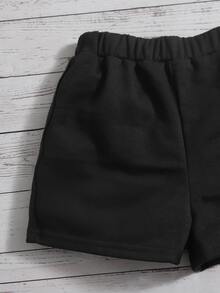 SHEIN Quần Short Gái Đắp vá màu trơn Giải trí - màu đen - Xem 4