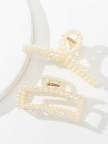 2pcs Faux Pearl Decor Hair Claw Elegant - White - View 1