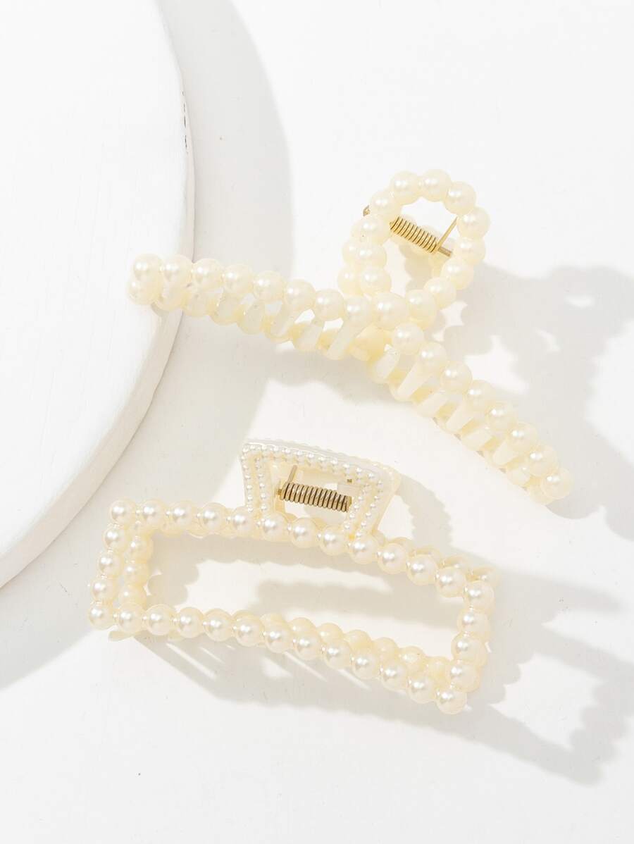 2pcs Faux Pearl Decor Hair Claw Elegant - White - View 1