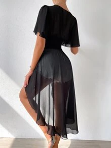 Breezaya 蝴蝶袖腰部打褶前短後長襯衫 - 黑色 - 查看 3