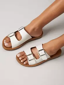 SHUZIA Curve Toe Double Buckle Wide Fit Flat Sandals
