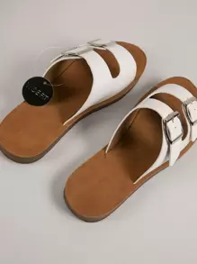SHUZIA Curve Toe Double Buckle Wide Fit Flat Sandals