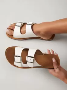 SHUZIA Curve Toe Double Buckle Wide Fit Flat Sandals