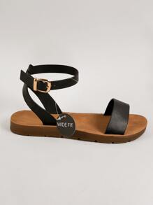 Buckled Ankle Strap Wide Fit Flat Sandals - Black - View 4