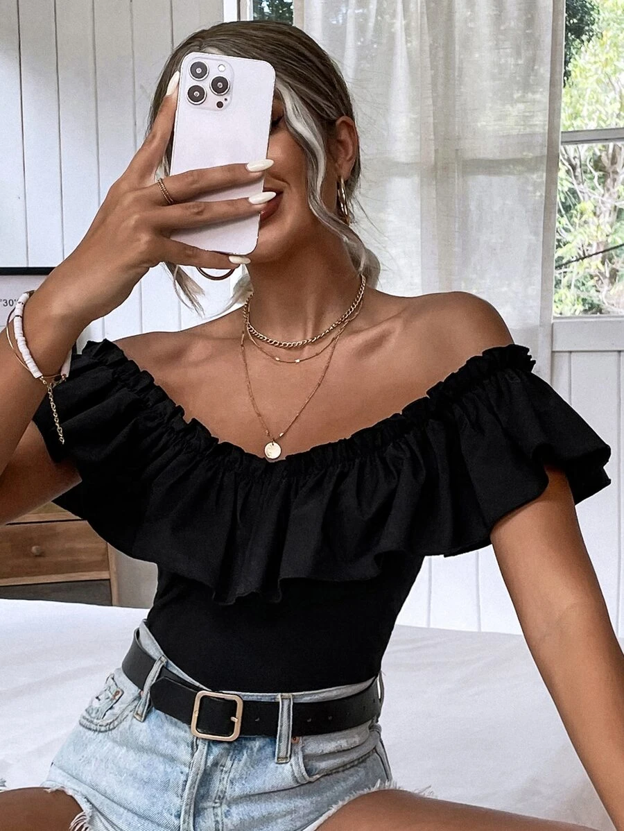 SHEIN Unity Áo liền quần ôm nữ Xù màu trơn Gợi cảm - màu đen - Xem 1