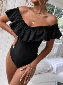 SHEIN Unity Áo liền quần ôm nữ Xù màu trơn Gợi cảm - màu đen - Xem 4