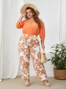 SHEIN VCAY Plus Off Shoulder Tie Cuff Top & Floral Print Trousers - Multicolor - View 1