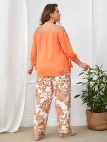 SHEIN VCAY Plus Off Shoulder Tie Cuff Top & Floral Print Trousers - Multicolor - View 2