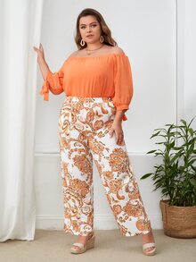 SHEIN VCAY Plus Off Shoulder Tie Cuff Top & Floral Print Trousers - Multicolor - View 3