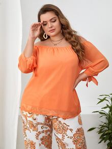 SHEIN VCAY Plus Off Shoulder Tie Cuff Top & Floral Print Trousers - Multicolor - View 5