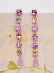 1對時尚水晶方形幾何流蘇耳環,適合日常佩戴 - 紫色 - 查看 1
