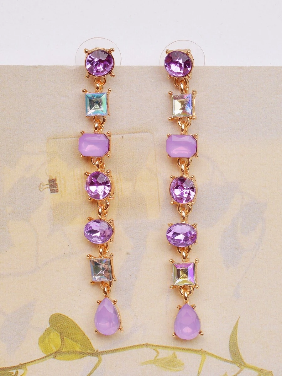 1對時尚水晶方形幾何流蘇耳環,適合日常佩戴 - 紫色 - 查看 1