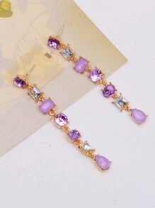 1對時尚水晶方形幾何流蘇耳環,適合日常佩戴 - 紫色 - 查看 3