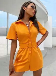 Button Front Belted Shirt Romper - Orange - View 1