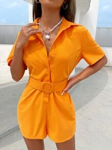 Button Front Belted Shirt Romper - Orange - View 3
