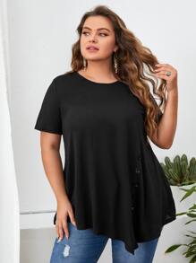 EMERY ROSE 大碼紐扣細節素色T恤 - 黑色 - 查看 1