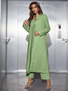 Modelyn Solid Button Front Tank Top & Wide Leg Trousers & Coat - Lime Green - View 5