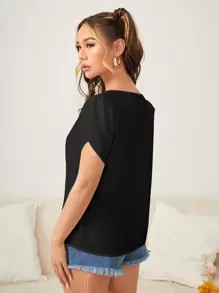 SHEIN Clasi Solid Petal Sleeve Top - Black - View 3