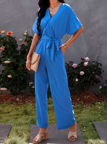 Batwing Sleeve Slant Pocket Belted Jumpsuit - Royal Blue - View 1