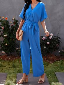 Batwing Sleeve Slant Pocket Belted Jumpsuit - Royal Blue - View 4