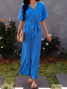 Batwing Sleeve Slant Pocket Belted Jumpsuit - Royal Blue - View 5