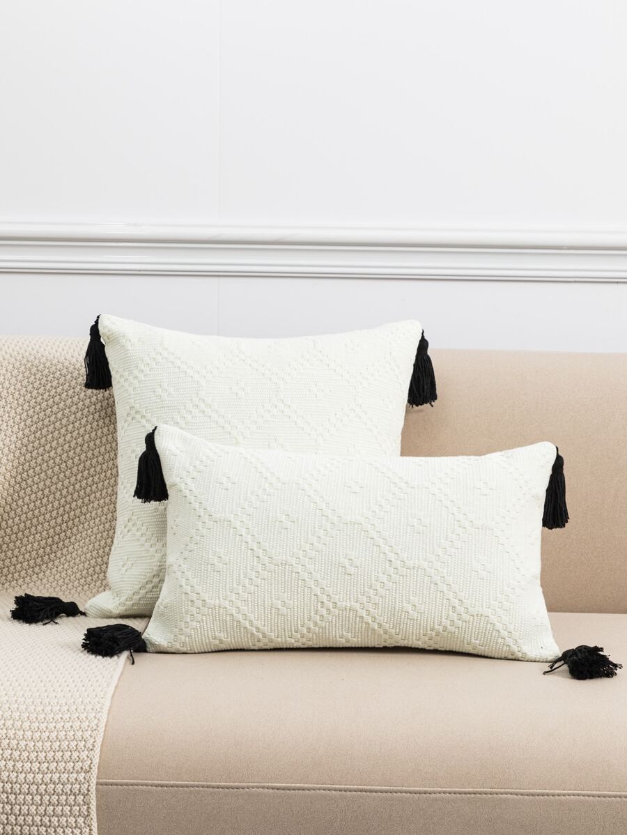 1pc Textured Tassel Decor Cushion Cover Without Filler - White - View 1