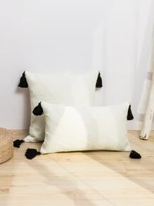 1pc Textured Tassel Decor Cushion Cover Without Filler - White - View 3