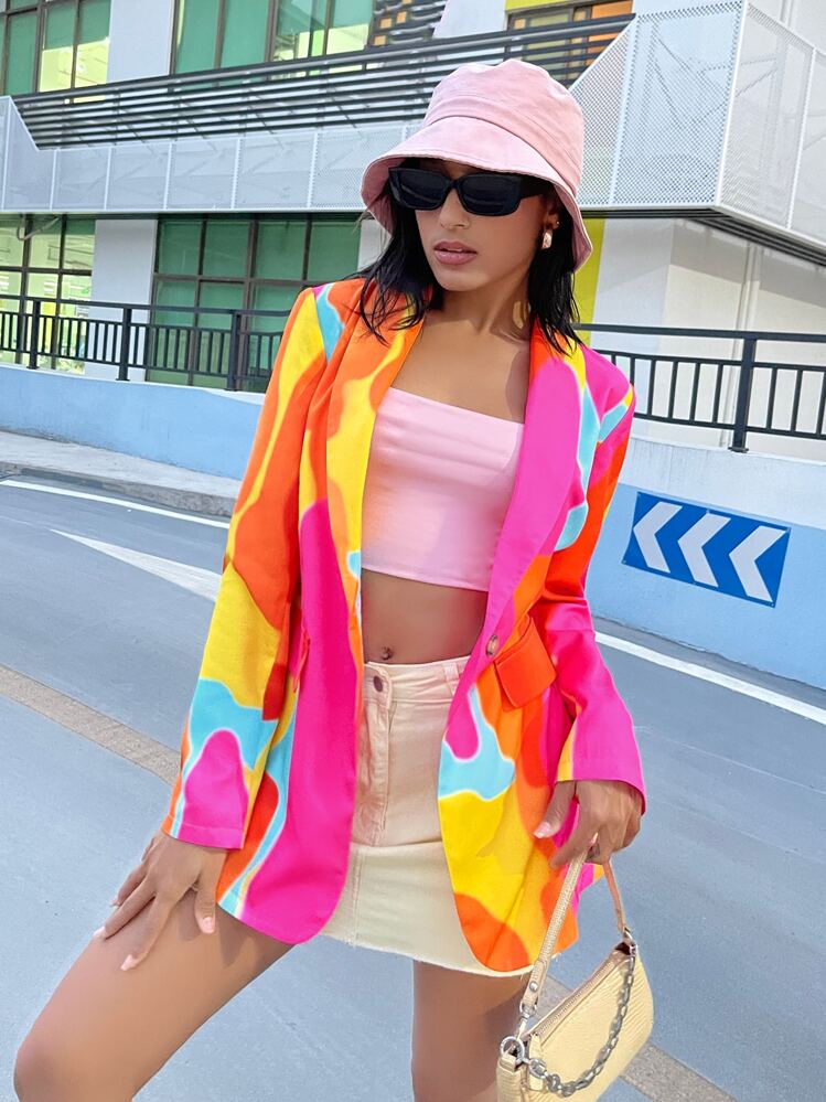SHEIN Unity Blazer mode dopamine à blocs de couleurs à bouton - Multicolore - Voir 1