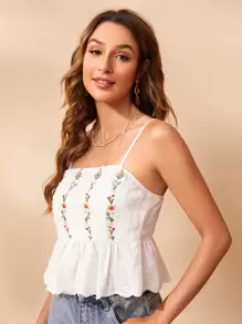 Soleia 花卉刺繡荷葉邊吊帶上衣