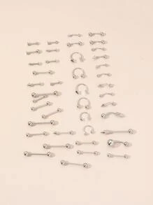 42入組幾何裝飾面部穿刺珠寶套裝不銹鋼時尚朋克完美穿孔適合女士和男士身體鏈禮品 - 銀色 - 查看 2