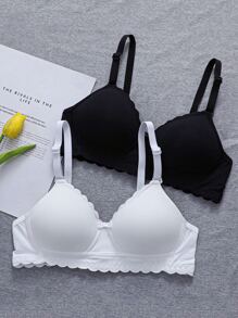 Tween Girl 2pcs Scallop Trim Bra - Black and White - View 1