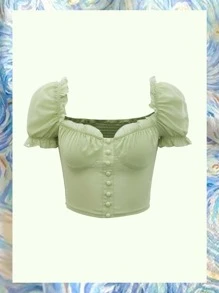 SHEIN Camisa corta de manga farol ribete con fruncido bustier - Verde Lima - Ver 1