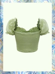 SHEIN Camisa corta de manga farol ribete con fruncido bustier - Verde Lima - Ver 2