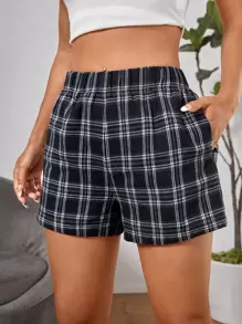 SHEIN PETITE 格紋印花彈性腰帶短褲 - 黑色 - 查看 1