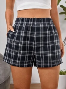 SHEIN PETITE 格紋印花彈性腰帶短褲 - 黑色 - 查看 4