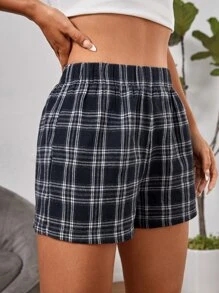 SHEIN PETITE 格紋印花彈性腰帶短褲 - 黑色 - 查看 5