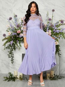 SHEIN 孕婦拼接水溶蕾絲百褶下擺連衣裙 - 紫丁香色 - 查看 3