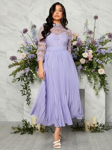 SHEIN 孕婦拼接水溶蕾絲百褶下擺連衣裙 - 紫丁香色 - 查看 4