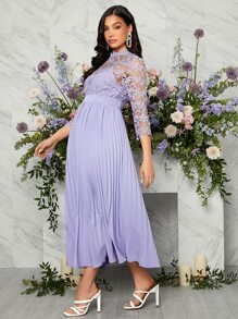 SHEIN 孕婦拼接水溶蕾絲百褶下擺連衣裙 - 紫丁香色 - 查看 5