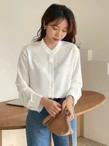 DAZY Solid Button Front Blouse Long Sleeve Top - White - View 4