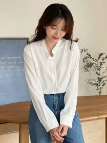 DAZY Solid Button Front Blouse Long Sleeve Top - White - View 6