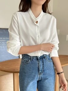 DAZY Solid Button Front Blouse Long Sleeve Top - White - View 3
