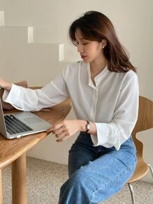 DAZY Solid Button Front Blouse Long Sleeve Top - White - View 8