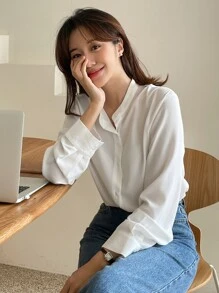 DAZY Solid Button Front Blouse Long Sleeve Top - White - View 9